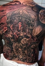 背部印度教风格的大马车与夜空纹身图案