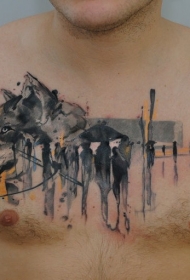 胸部水彩狼头纹身图案