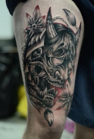 腿部彩色新日式般若面具纹身图片