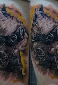 大腿插画风格彩色幻想猫与眼镜纹身图案