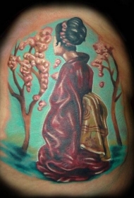 肩部日式水彩画与艺妓纹身图案