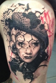 彩色old school复古女人肖像纹身图案