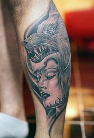 小腿new school黑白女子和狼头盔纹身图案