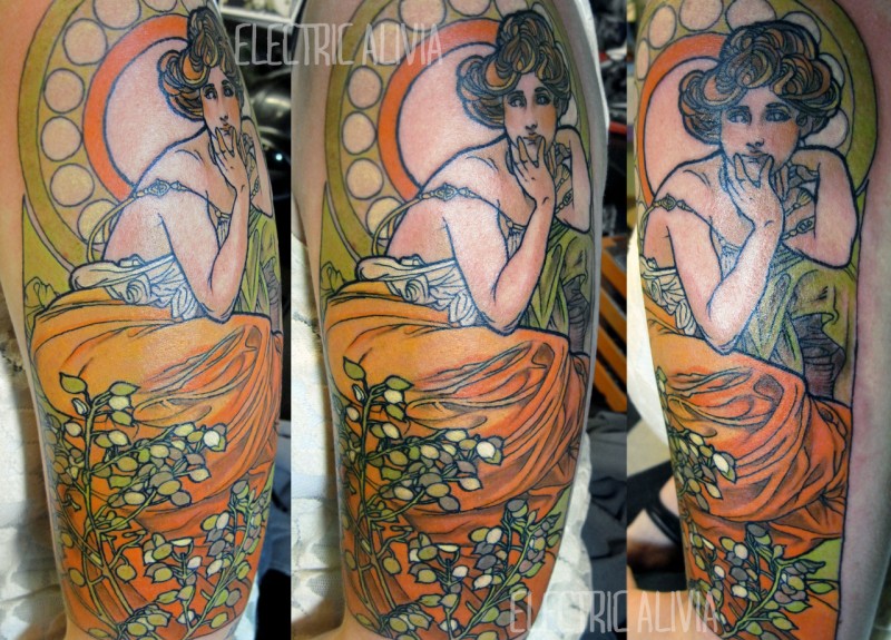 肩部旧货彩色妇女肖像纹身图案