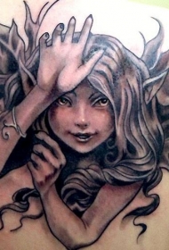 可爱淘气长发精灵纹身图案