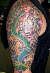 大臂蛇和鹰骷髅彩色纹身图案