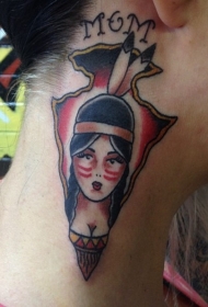 颈部old school部落箭头和印度女人肖像纹身图案