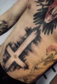 腹部传统黑白十字架个性纹身图案