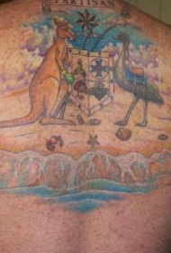 彩色的鸵鸟和袋鼠背部纹身图案