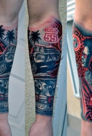 很酷的五彩经典汽车和骰子前臂纹身图案