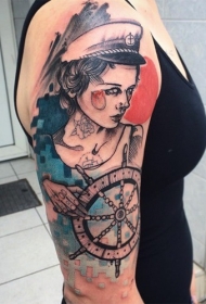 手臂素描风格的美女水手纹身图案