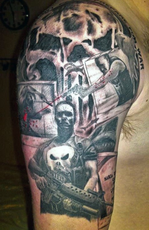 新传统风格与现代武器的暴徒纹身图案