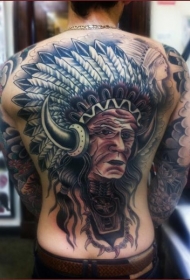old school背部彩色老印度酋长纹身图案
