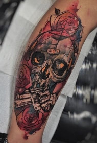 腿部彩色神秘人头骨有手枪纹身图案