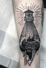 雕刻风格黑色线条神秘灯塔和小瀑布纹身图案
