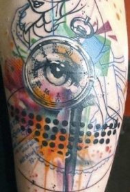 大臂五彩泼墨的神秘眼睛时钟纹身图案