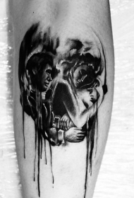 小腿骷髅形状黑白睡眠情侣纹身图案