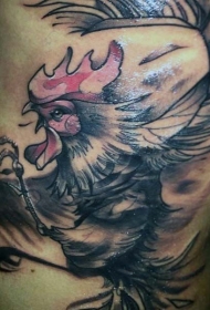 腰侧水彩色斗鸡纹身图案