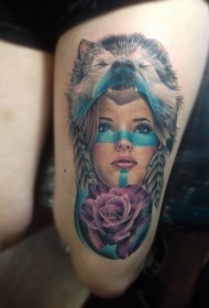 腿部新传统风格彩色女人纹身图案