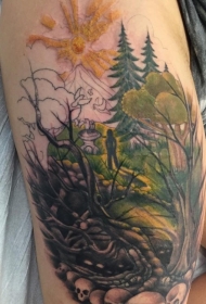 大腿彩色森林里的骷髅植物纹身图案