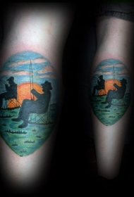 腿部彩色渔民钓鱼纹身图案