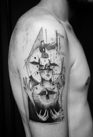 大臂超现实主义风格黑色女人和鸟纹身图案