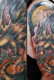 new school彩色月亮和邪恶的狼人纹身图案