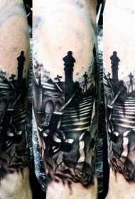 小臂黑白夜间墓地与幽灵纹身图案