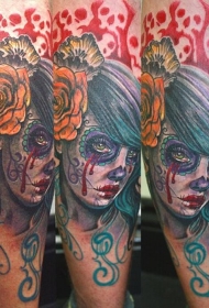 腿部墨西哥传统风格女人肖像纹身