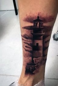 小腿黑灰风格经典的灯塔纹身图案