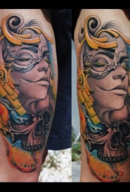 new school大腿彩色女性脸和骷髅纹身图案