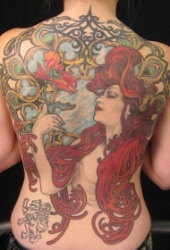 背部插画风格彩色美女配鲜花纹身图案