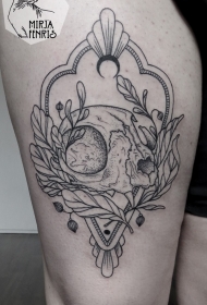 大腿插画风格黑色植物与头骨纹身图案