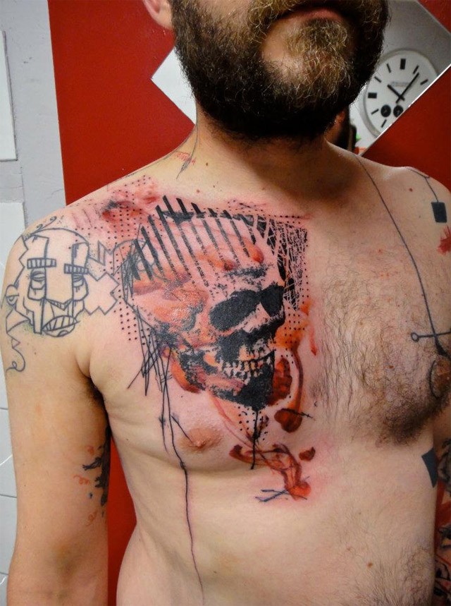 胸部彩色骷髅圆点装饰纹身图案