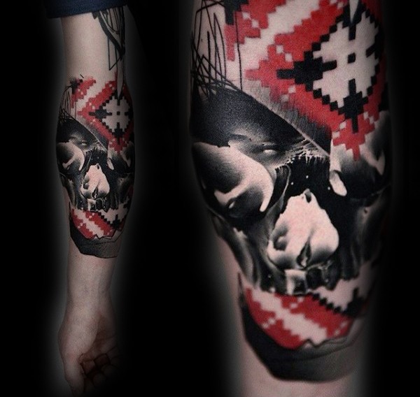 手臂难以置信的黑白骷髅与装饰纹身图案