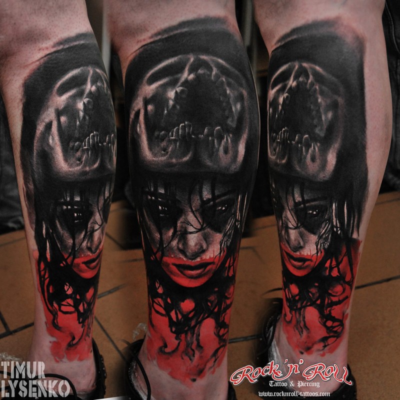 腿部恐怖风格女人尖叫骷髅纹身图案
