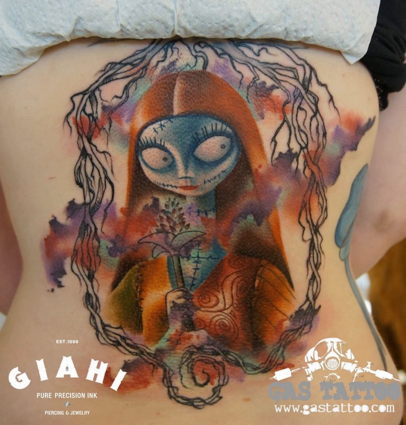 背部卡通僵尸新娘彩色纹身图案