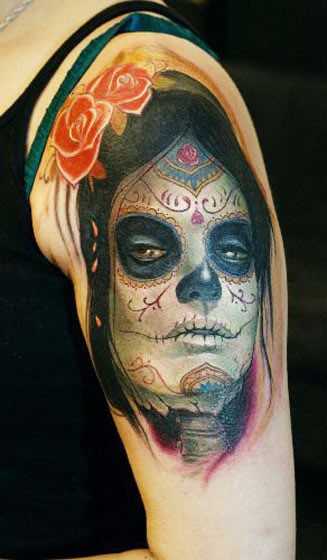 大臂墨西哥传统风格彩色女子肖像纹身图案