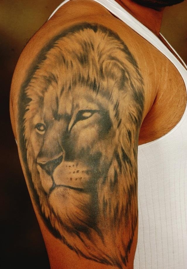 男性大臂写实狮子头像纹身图案