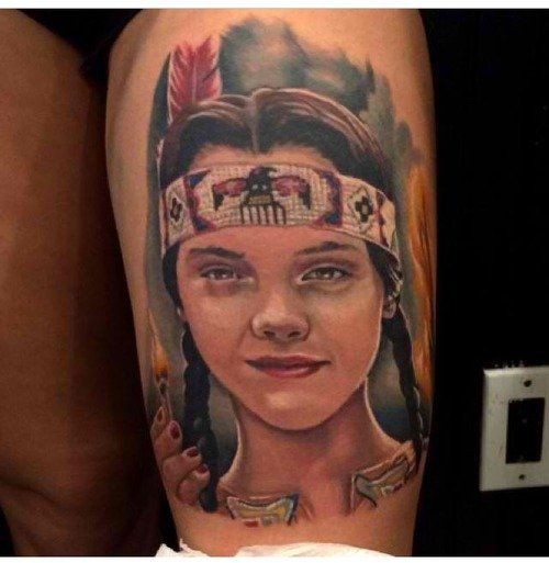 大腿印度女孩肖像彩色纹身图案