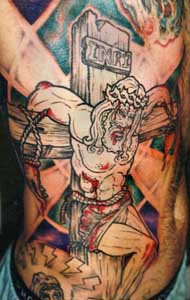 腰侧彩色伟大受难的耶稣纹身图案