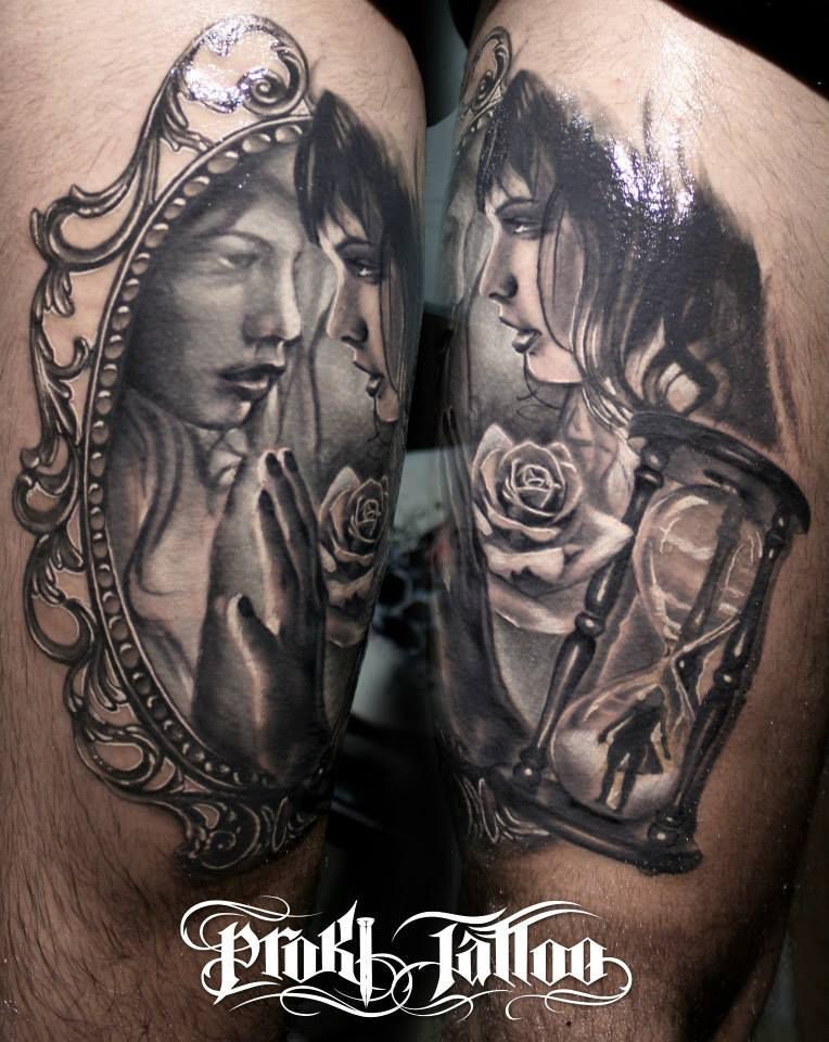 现代风格的黑灰美女与玫瑰纹身图案