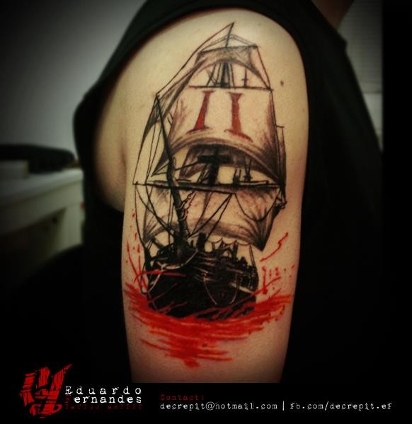 全新风格的彩色肩帆船纹身图案