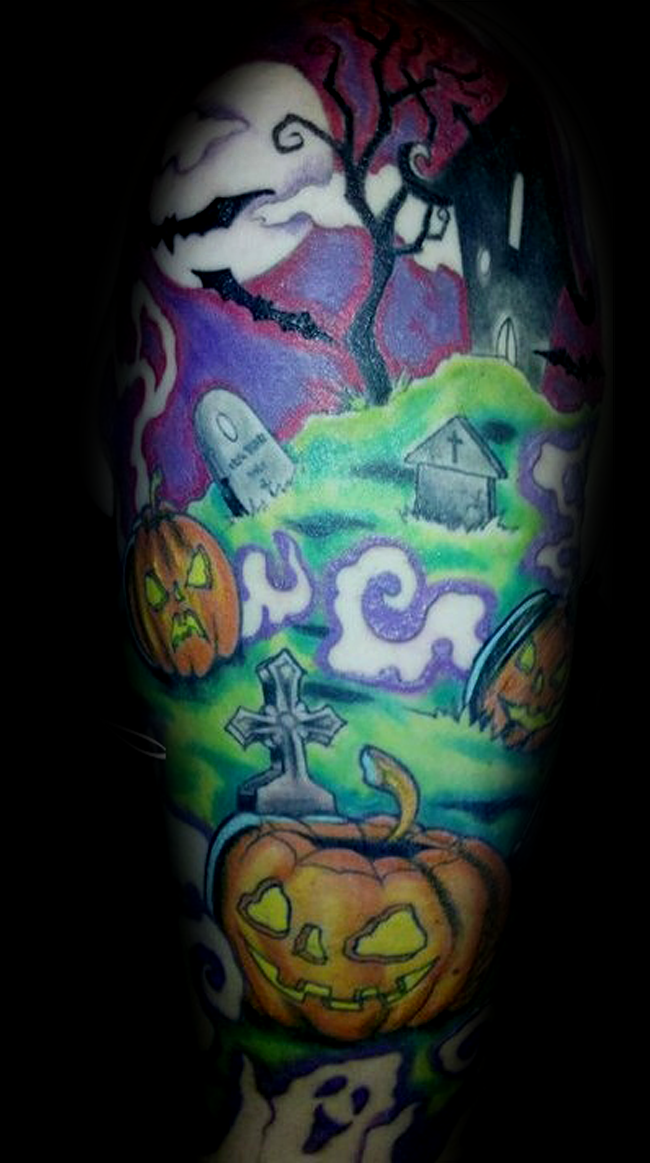 有趣的万圣节卡通怪物墓地纹身图案