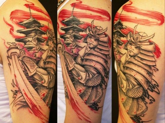黑色和红色武士纹身图案