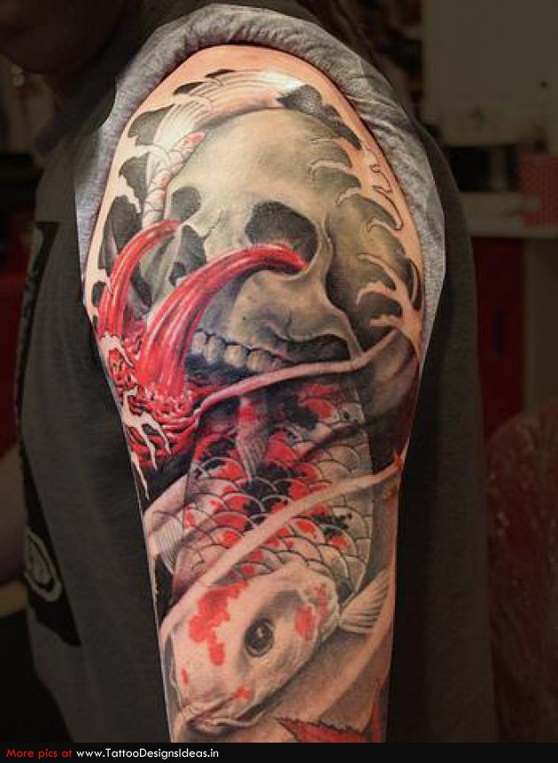 new school大臂鲤鱼骷髅鲜血纹身图案