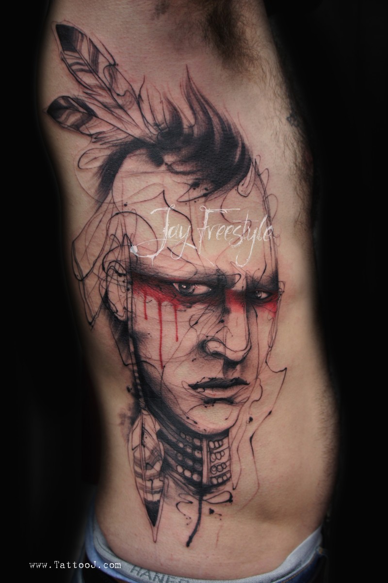 腰侧水彩画印度肖像纹身图案