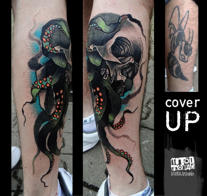 新风格的彩色人类头骨章鱼纹身图片