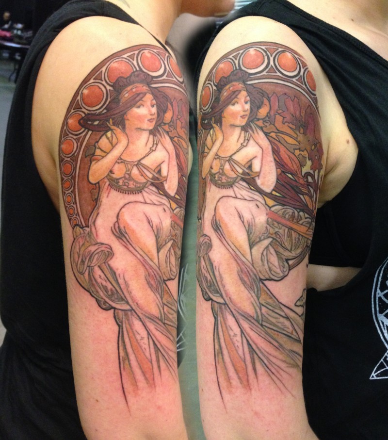 大臂old school彩色女人肖像纹身图案