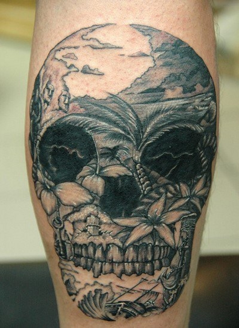 墨西哥传统的黑色骷髅与海岛岸纹身图案